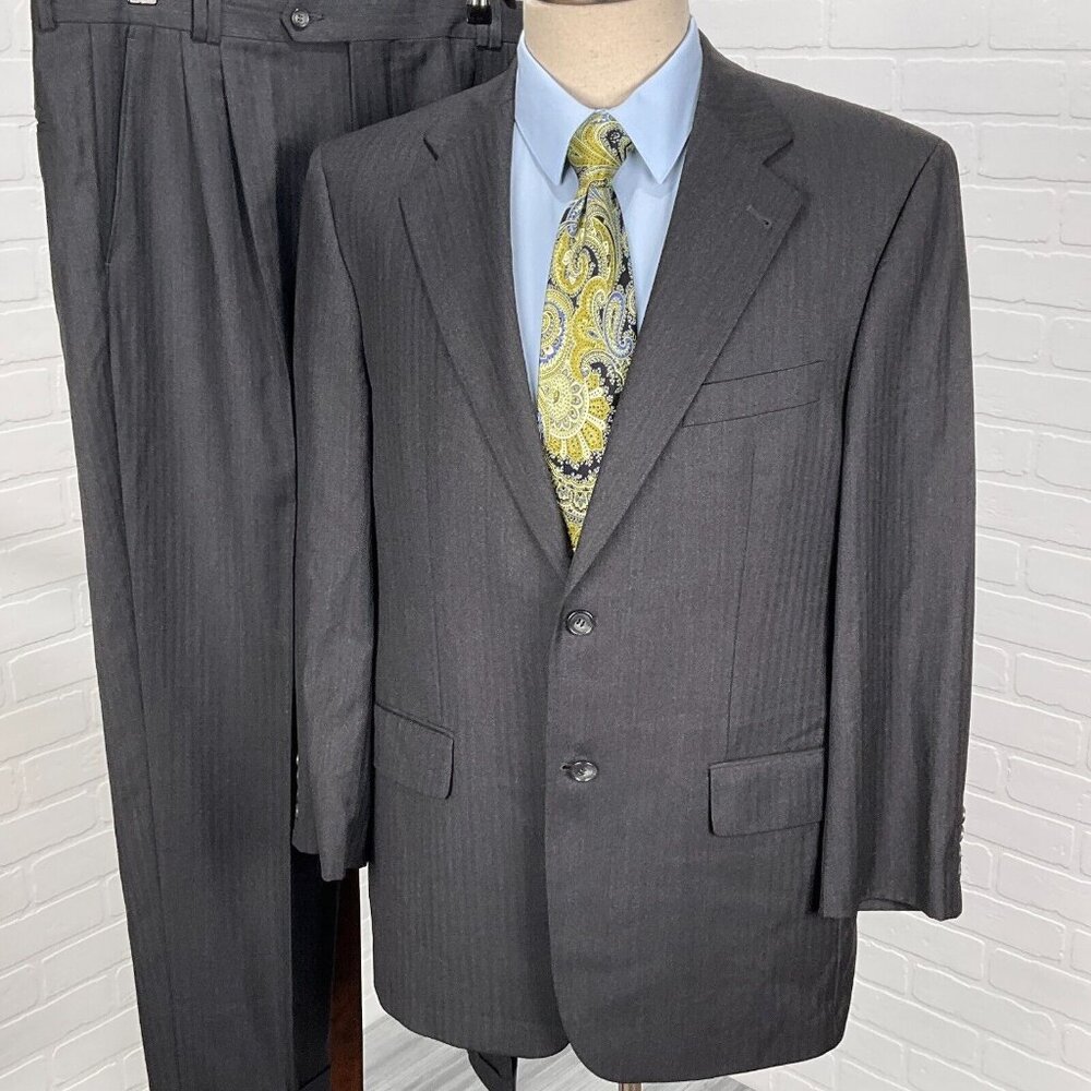 Baumler Suit Men 42 35Wx30L Dark Gray Herringbone Vitale Barberis‎ Canonico Wool